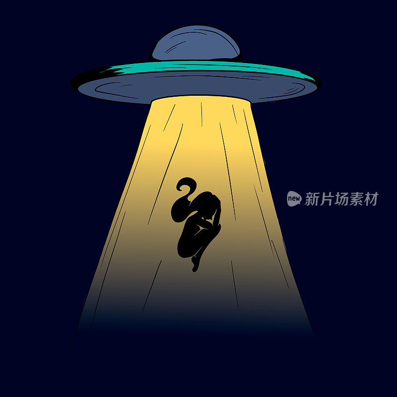 Vector illustration of a UFO in the dark night sky kidnaps a person.